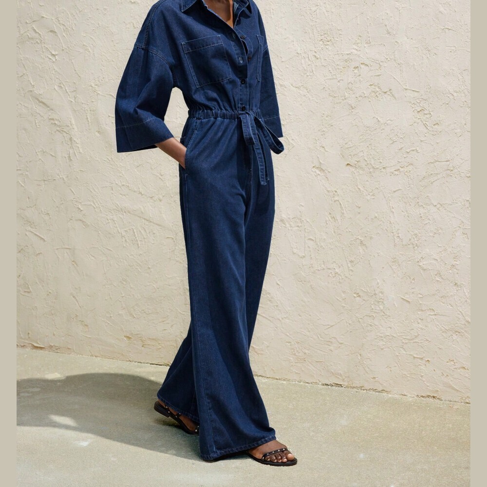 Navy Denim Jumpsuit with Drawstring Waist - Picture 5 of 7